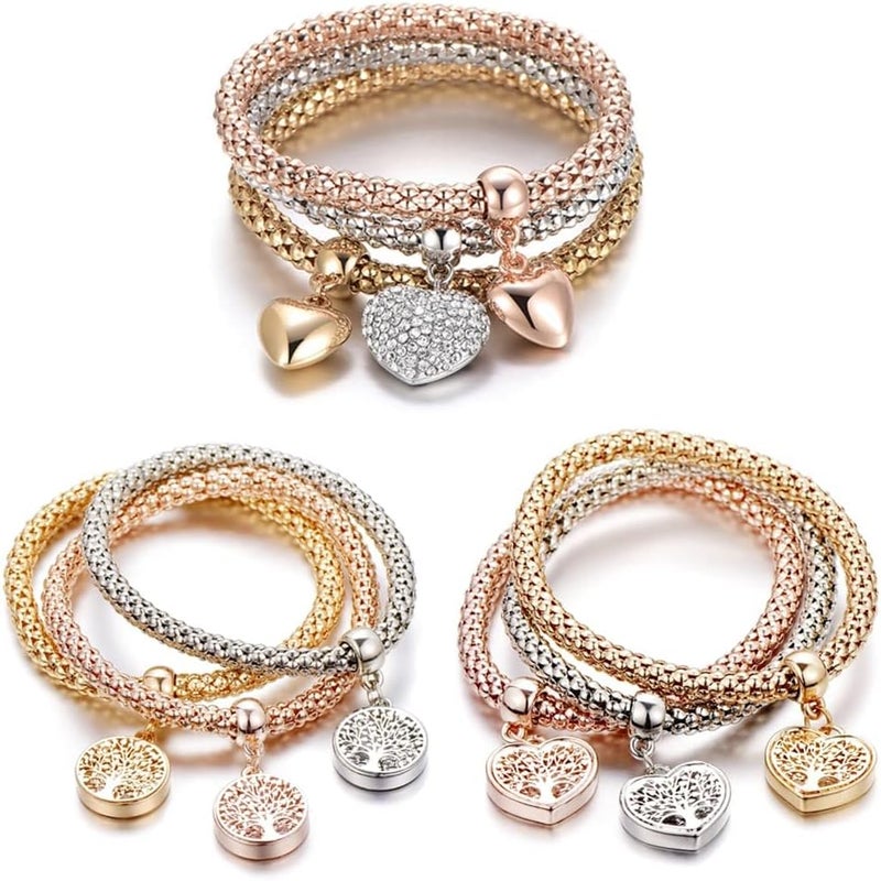 SILANER Crystal Charms Multilayer Bracelets - 3PCS Gold/Silver/Rose Gold Corn Chain Bracelet for Women, Tree of Life Heart Shaped Stretch Bracelet - Image 1